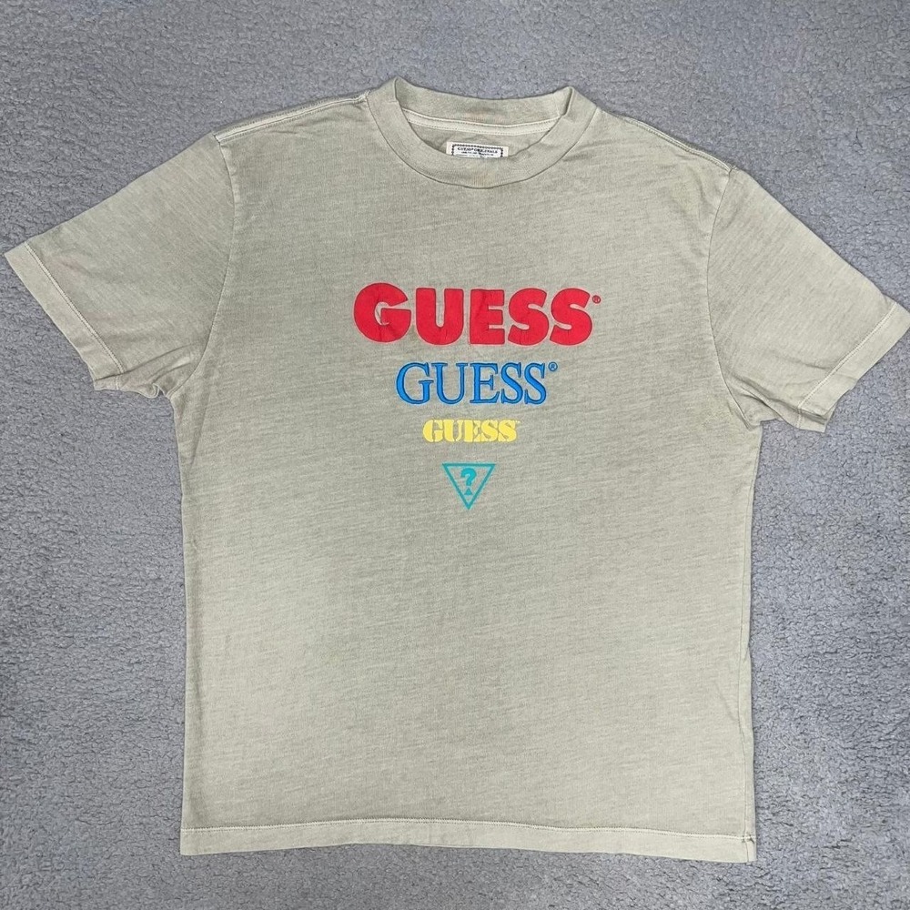 VTG Guess Originals T Shirt Men Sz S Olive Spell Out Triangle Embroider Logo Y2K